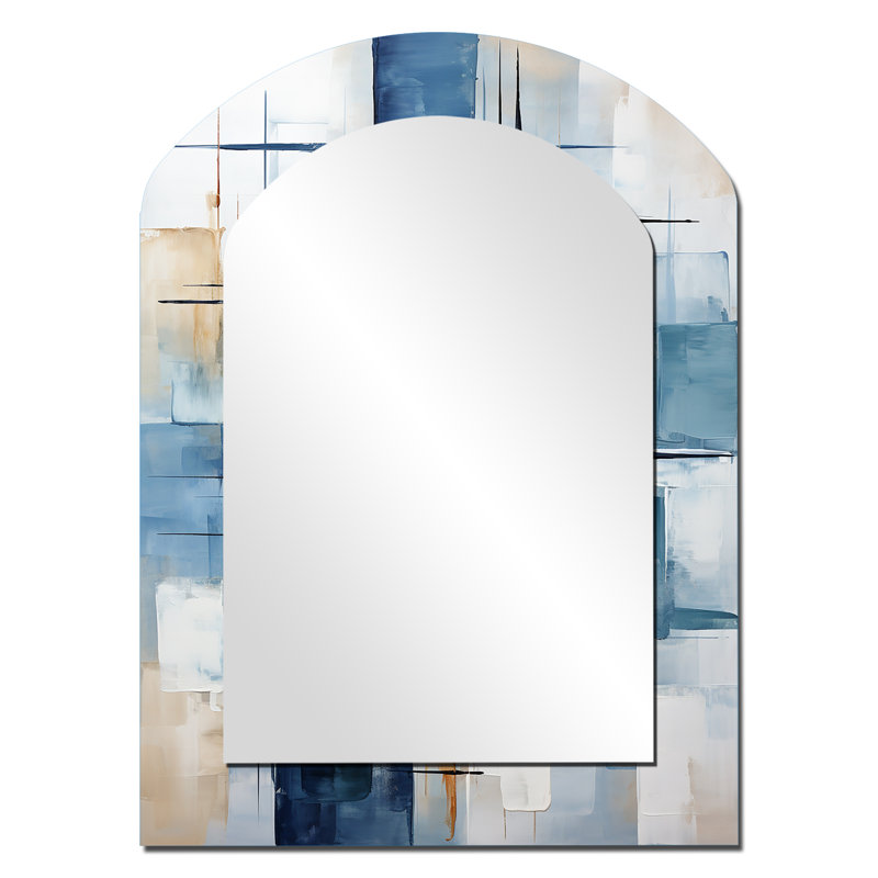 Cerulean Cubism Shapes - Abstract Shapes Arch Decorative Mirror, Modern Asymmetrical Wall Mirror, Printed Metal Art