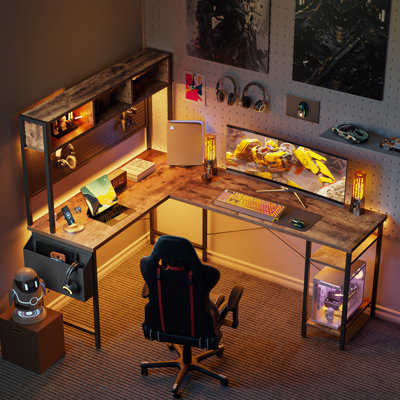 Bureau en L de 66 po avec prise de courant et lumière DEL, bureau d'angle pour bureau à domicile