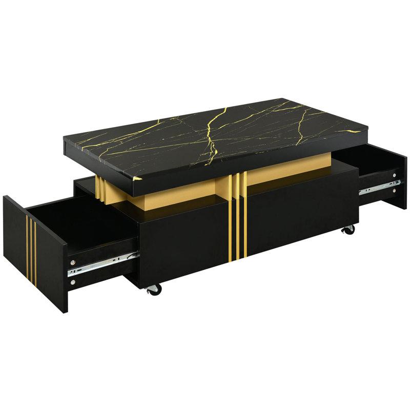 Table basse noire avec surface en faux marbre et tiroir de rangement, roues mobiles contemporaines