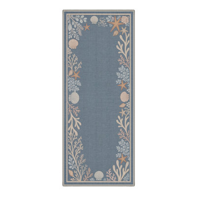 Machine Washable Floral Blue / Ivory Hallway Runner With Non-Slip Backing