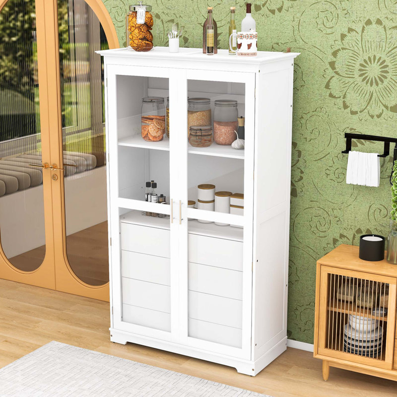 Armoire de cuisine avec portes en verre et 4 tiroirs, Blanc
