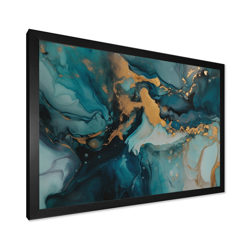 " Gold Blue Transcendent Liquid Ink I ", Black Picture Framed, 12" H x 20" W x 1" D