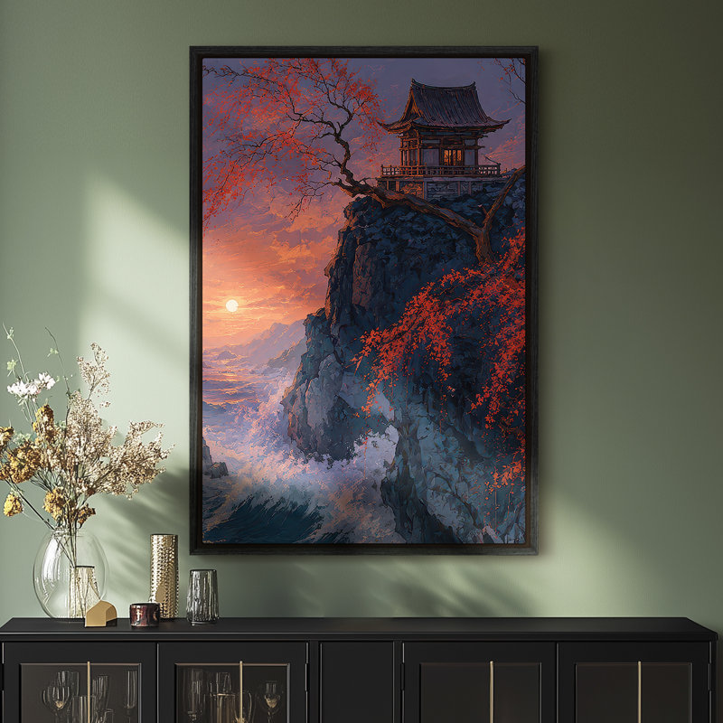 Art mural sur toile encadrée - Temple japonais sur une falaise avec coucher de soleil et arbre rouge d'automne - 16 po x 24 po, 24 po x 36 po