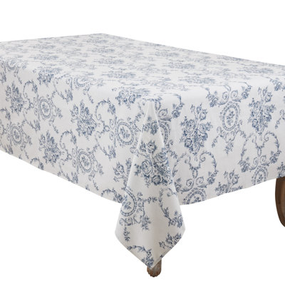 Classic Toile Floral Linen Blend Tablecloth with Traditional Scrollwork Pattern & Allover Print, 60"x140"