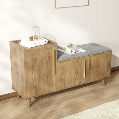 Walnut Wooden Shoe Storage Bench With Left-Side Cabinet For Entryway (47") by Corrigan Studio