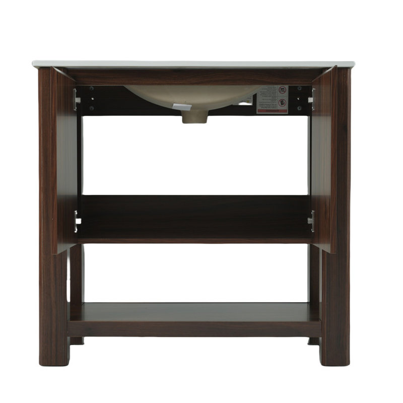 Meuble-lavabo moderne de 36 pouces avec lavabo rectangulaire en céramique, armoire de salle de bain avec grand espace de rangement et portes à fermeture en douceur 45 degrés, 1 tablette ouverte en bas, brun foncé