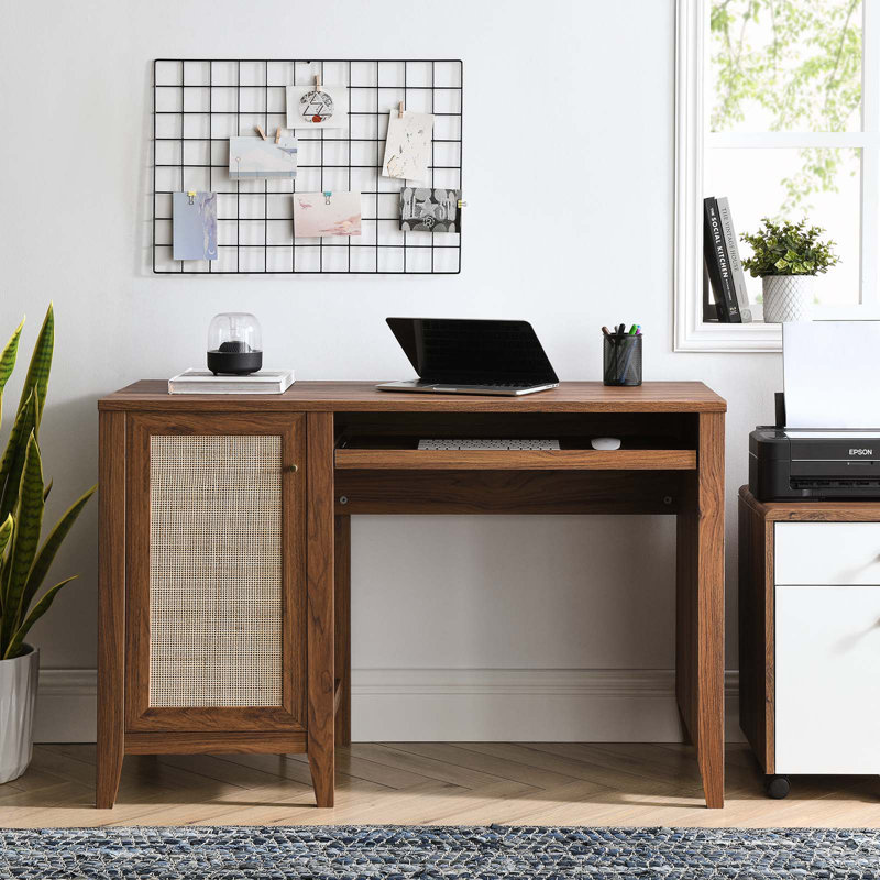 Walnut Wood Office Desk with Rattan Door and Keyboard Tray