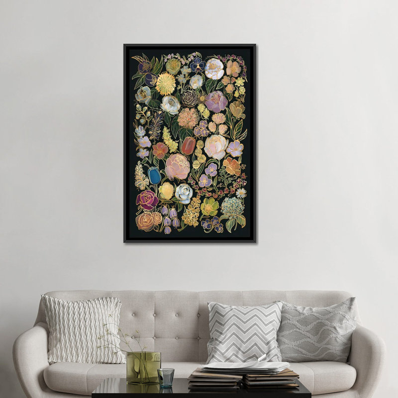 Ragni Moody Flowers (Gold) - impression d'art mural, H 48 po x l 32 po, Reproduction encadrée sans passe-partout, Noir