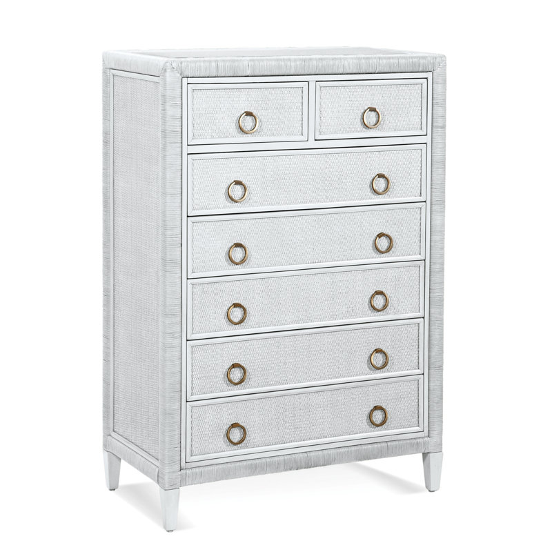 Warwick 7-Drawer Solid Wood and Wicker Vertical Chest, Frost White, Satin Brass