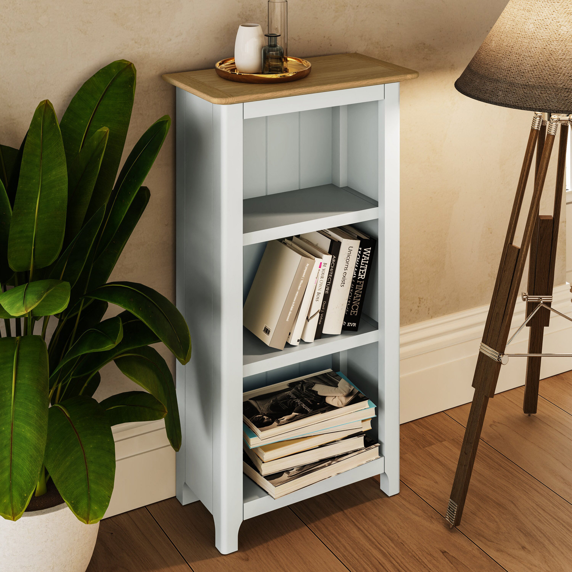 Daris 3 Tier Low Bookcase Shelving Unit. Solid Oak Top. Fully Assembled