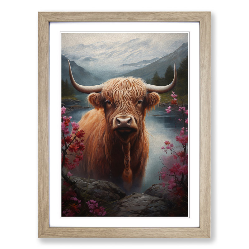 Highland Cow Renaissance - Single Picture Frame Print on Wood, Oak, 34cm H x 25cm W x 2cm D