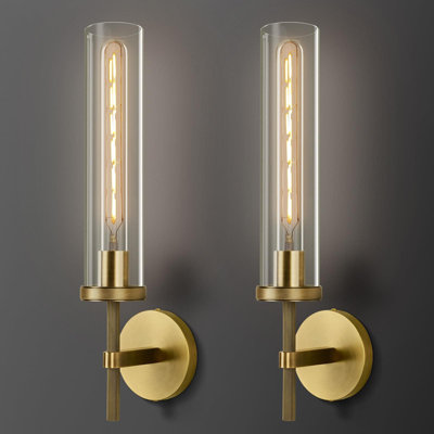 Modern Brass Wall Sconces Set Of Two With Clear Glass Tube, Bathroom Vanity Lights, Bronze Sconces For Bedroom, Living Room, Hallway, Staircase (Includes Bulb)