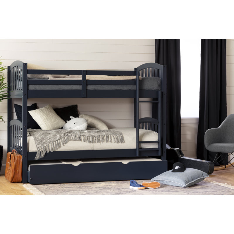 Blue Twin Pine Wood Bunk Bed with Trundle and Drawers
