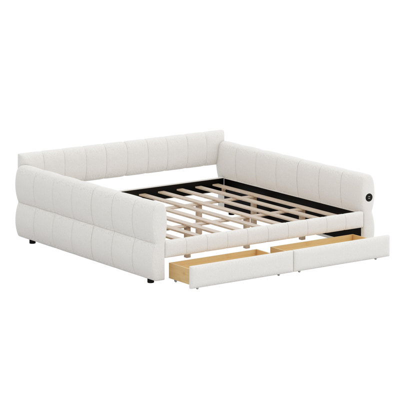 Lit tapissier moderne avec connectivité USB et tiroirs de rangement intégrés, Blanc