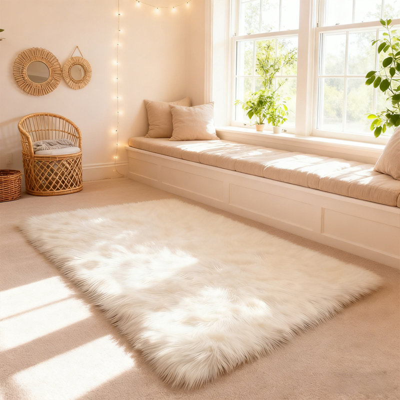 Plush Faux Sheepskin White Rug, Rectangle 3' x 5'