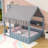 Wooden Floor Bed with Chimney Design, Enchanting Tent, Shelves and Lights-793288670-793288668