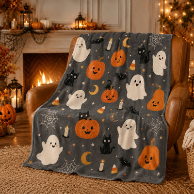 Charcoal Halloween Blanket with Ghosts, Black Cats, Pumpkins, Spiderwebs, Candles and Moons, Flannel Throw for Couch Bed and Spooky Fall Style, 40 x 50 in