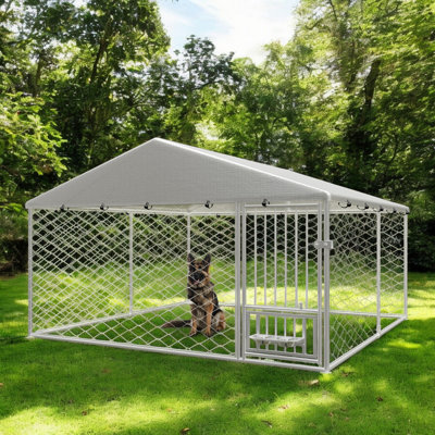 Large Outdoor Dog Kennel, Heavy Duty Outdoor Fenced Dog Cage With Swivel Feeder, Outdoor Dog Playpen With Waterproof Uv Protection Cover And Safety Lo