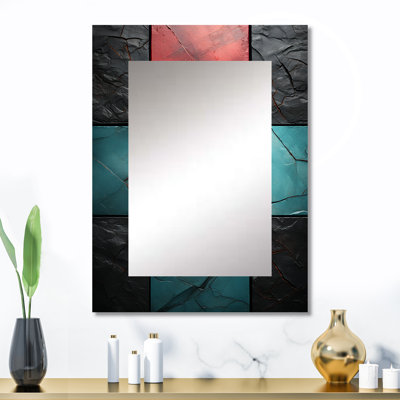 Carreaux à chevrons bleus et rouges Elegance I - miroir à carreaux abstrait, miroir mural décoratif moderne et contemporain, impression d'art en métal