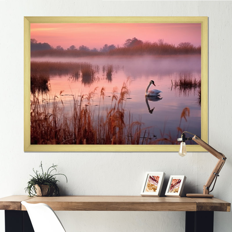 Bellamae, cygnes roses au coucher du soleil, reproduction sur toile, H 12 po x l 20 po x P 1 po, Encadrement doré