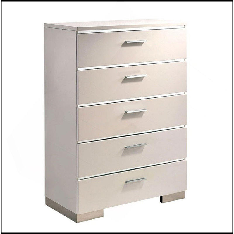 Commode 1 pièce à cinq tiroirs de style contemporain avec accents chromés blanc brillant et finition chromée