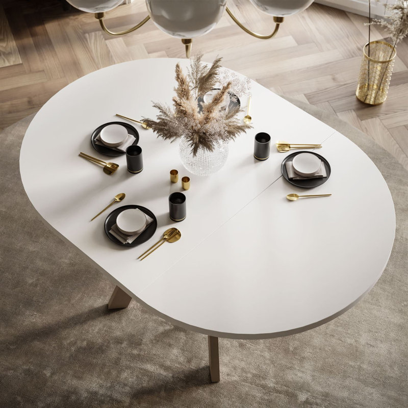 Extendable Round Metal Base Dining Table, White, Cashmere
