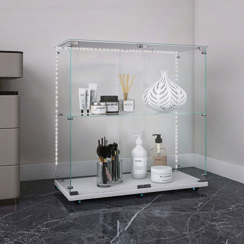 Vitrine en verre trempé avec lumière DEL Bluetooth et roulettes, White
