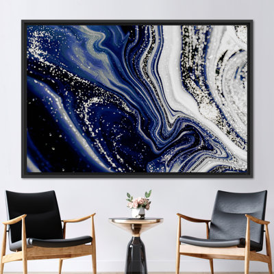Abstract Navy Blue and Silver Shimmer Alcohol Ink Art on Contemporary Canvas Wall Decor