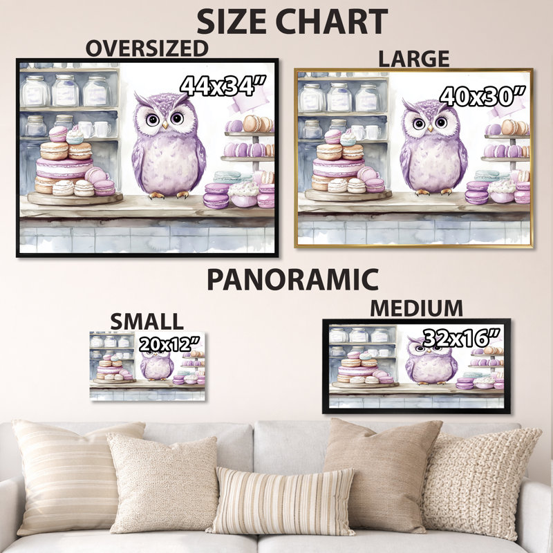 Comptoir de macarons à la lavande - Tableau encadré hibou sur toile, H 16 po x l 32 po, Cadre photo blanc