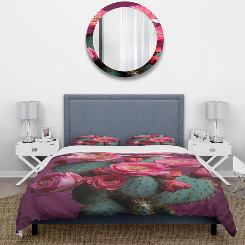 Ensemble de housse de couette en microfibre / polyester rose / vert / cactus désert Bloom Prickly I