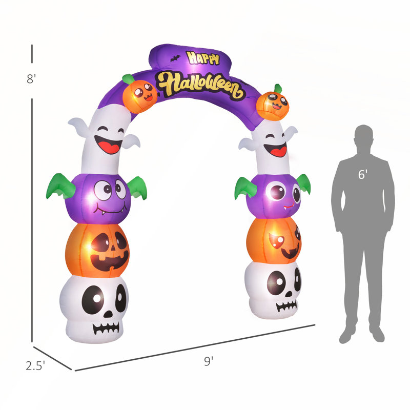 Arche d'Halloween gonflable avec crânes de citrouille, fantômes, chauves-souris et lettrage jaune pour une décoration extérieure effrayante