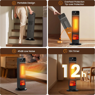 Tower Heater and Fan Combo, 1500W PTC Space Heaters for Indoor Use W/ 3D Flame