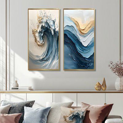 White And Blue Marble Wave Blend I - Coastal Waves Wall Art 2 Pieces Set