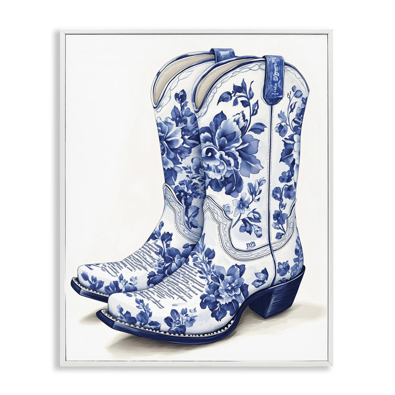 Bottes de cow-boy bleues chinoises giclées, design par Heidi Kuntz, H 14 po x l 11 po
