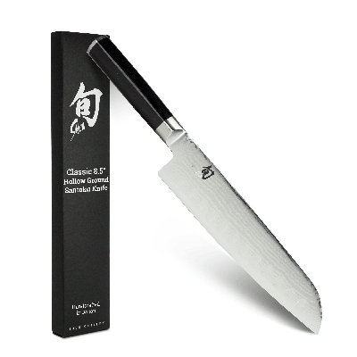 Shun Classic 8.5" Hollow Ground Santoku Knife, Handcrafted Japanese Cutting Knife, VG-MAX Core with Damascus Stainless Steel Cladding, Pakkawood Handle