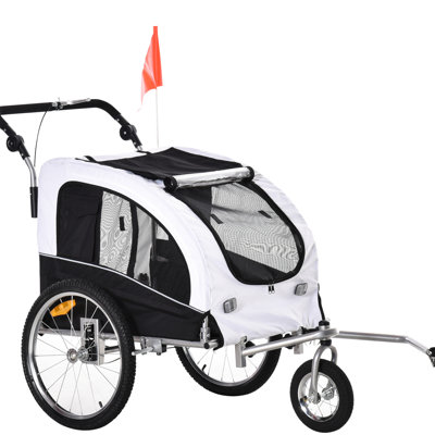 21 Remorque pour vélo et poussette pour chien -. Blanc avec auvent, rangement. Pour les chiens jusqu'à 20,75 po de long, 44 lb. Poussette robuste de conception compacte à roulement doux. Blanc. Avec auvent et poches de rangement.
