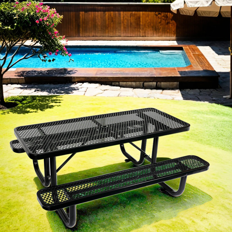 6 pi Table de pique-nique rectangulaire - acier noir, facile à nettoyer, bonheur extérieur avec mât de parasol solide et spacieux