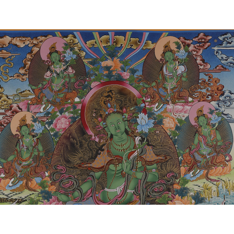 «Tara verte - déesse de la protection et de la prospérité», peint à la main Thangka | Toile de coton H 36,2 po x l 24,4 po avec feuille d'or véritable 24 carats