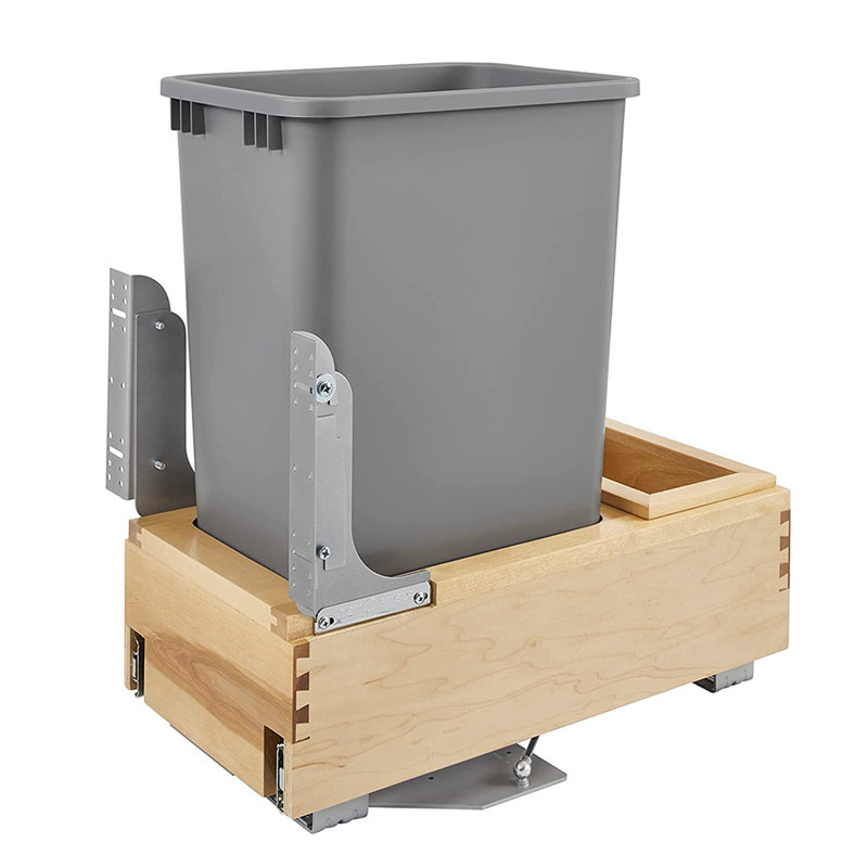 White Plastic Single 35 Qt Pull-Out Trash Bin with Maple Wood Frame