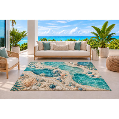Tapis d'extérieur 5 pi x 7 pi avec des bord de mer, des étoiles de mer et des galets, un tapis imperméable en PVC et un tapis à séchage rapide pour l'entrée de la terrasse
