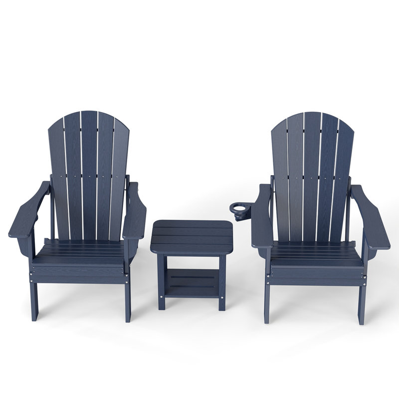 3-Piece Outdoor HDPE Adirondack Seating Set – 2 Foldable Patio Chairs With Cup Holders & 2-Tier End Table, All-Weather Poly Lumber Furniture For Porch, Backyard, Deck & Pool Area