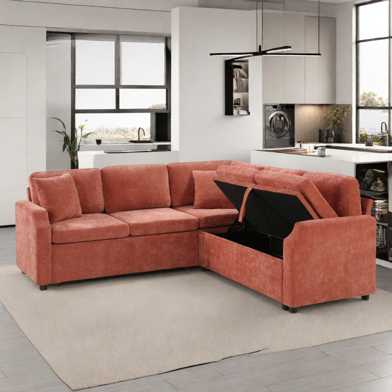 L-shaped Sectional Sofa With Hidden Storage Compartment, Orange Chenille