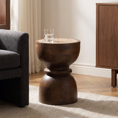 17.7'' Tall Round Marble Top End Table, Drink Table with Solid Mango Wood Pedestal Base