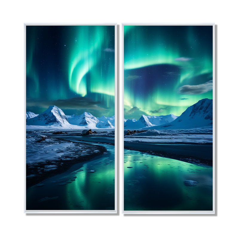 «Islandais Borealis Winters Aurora II», art mural traditionnel vert, 32" H x 32" W, Impression encadrée flottante, White