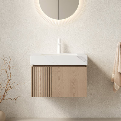 Meuble-lavabo de salle de bain 24 po MURI, armoire de rangement flottante en contreplaqué avec 2 portes, comptoir en pierre frittée gris clair et lavabo en céramique avec 1 trou de robinet pré-percé, pré-assemblé, couleur grain de bois Heidelberg