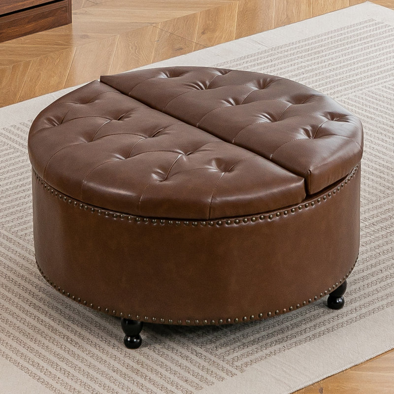 80cm Wide Tufted Round Standard Ottoman with Storage, Brown
