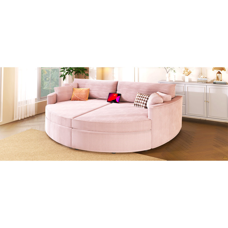 Très grand canapé-lit double avec méridienne 102,3 po et canapé-lit rembourré avec siège profond et port USB, rose