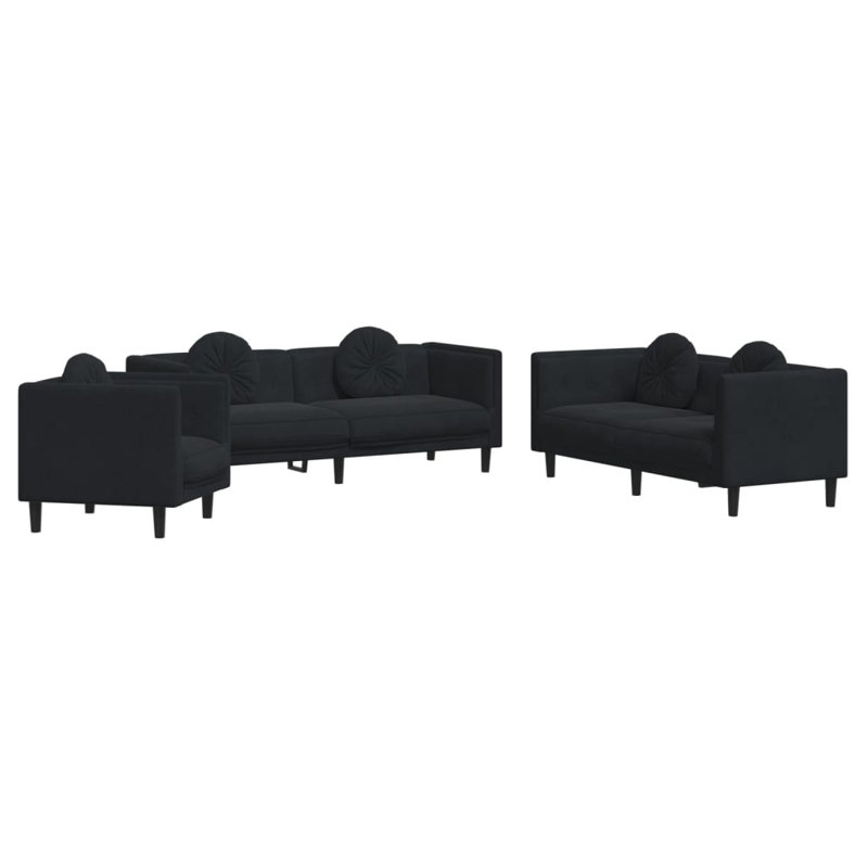  Ensemble de canapé en velours noir, contreplaqué, bois massif 3 pièces, Noir