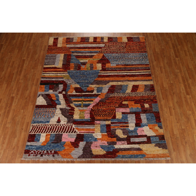 Tapis rouge en laine noué à la main de conception unique 7 pi 11 po x 9 pi 6 po New Age