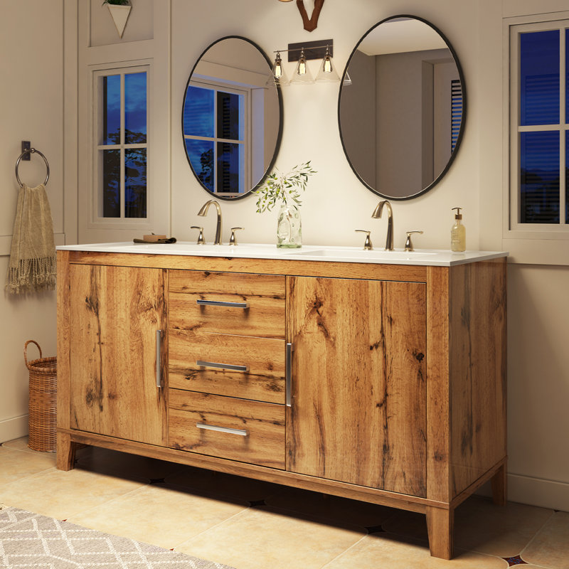 Aalycia Farmhouse Bathroom Vanity with Sink, 60" High Gloss Double Sink Bath Vanity